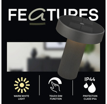 Moderne LED Tischleuchte mit Touch Dimmfunktion, warmweißem Licht und Schutzart IP44 für Innen und Außen.