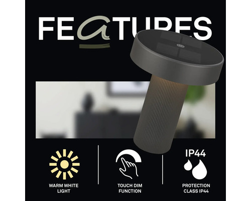 Moderne LED Tischleuchte mit Touch Dimmfunktion, warmweißem Licht und Schutzart IP44 für Innen und Außen.