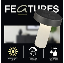 LED Tischleuchte mit Touch Dimmfunktion, warmweißem Licht und Schutzart IP44 für den Innen- und Außenbereich.