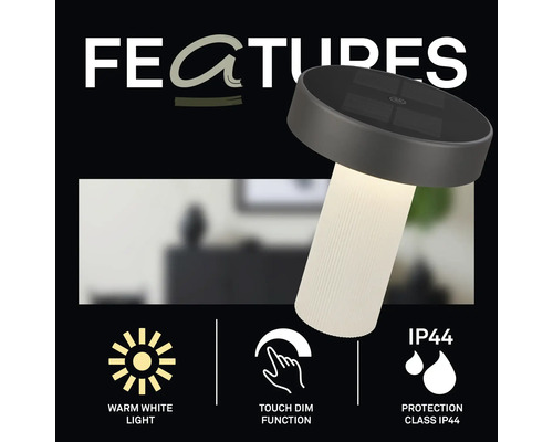 LED Tischleuchte mit Touch Dimmfunktion, warmweißem Licht und Schutzart IP44 für den Innen- und Außenbereich.