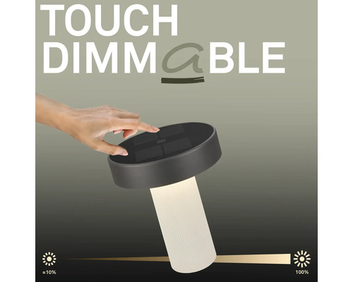 Eine Hand bedient die Touch Dimmfunktion einer modernen Leuchte mit stufenloser Helligkeitsregelung von 10 bis 100 Prozent.