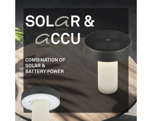 Tischleuchte mit Solarpanel und Akkubetrieb für den Außenbereich