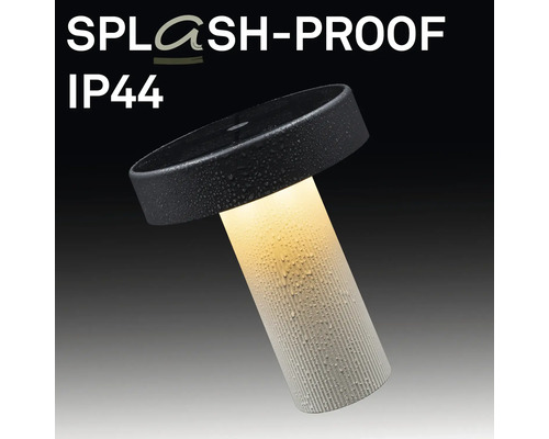Moderne LED Tischleuchte fuer den Aussenbereich mit Schutzart IP44 fuer Spritzwasserschutz