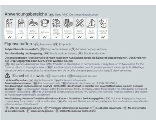 Produktinformationen und Sicherheitshinweise für Polyurethan Schaumstoff mit Anwendungsbereichen und Kennzeichnung der Eigenschaften.