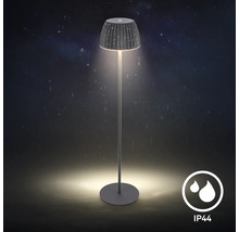 Lampadaire LED moderne pour extérieur avec protection IP44 contre les projections d eau, abat-jour nervuré et pied étroit.