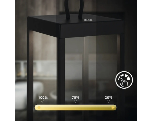 Dimmbare LED Laterne mit Touch-Funktion und verschiedenen Helligkeitsstufen von 20 Prozent bis 100 Prozent.