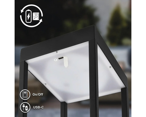 Quadratische Außenleuchte mit Akkubetrieb und USB C Anschluss zum Aufladen sowie integriertem Ein und Ausschalter