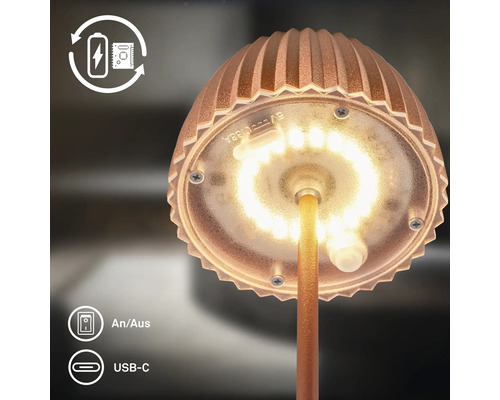 Wiederaufladbare LED Leuchte mit USB C Anschluss und Ein Ausschalter in runder Form mit geripptem Schirm