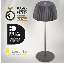 Moderne LED Tischleuchte mit plissiertem Schirm, ausgezeichnet mit dem German Design Award 2025 und Best of Design Preis von Schöner Wohnen.