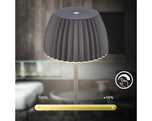 Dimmbare LED Tischleuchte mit plissiertem Schirm und Touch Steuerung zur Helligkeitseinstellung von 10 bis 100 Prozent.