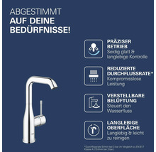 Grohe Waschtischarmatur mit grafischer Darstellung der Produktvorteile wie präziser Bedienung, reduzierter Durchflussrate und langlebiger Oberfläche.
