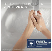 Waschbeckenarmatur mit reduziertem Wasserverbrauch, Hände werden unter dem Wasserstrahl gewaschen.