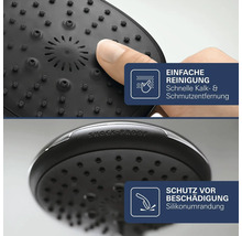 Duschkopf mit Silikonnoppen zur einfachen Reinigung und einer stossfesten Silikonumrandung zum Schutz vor Beschädigungen.