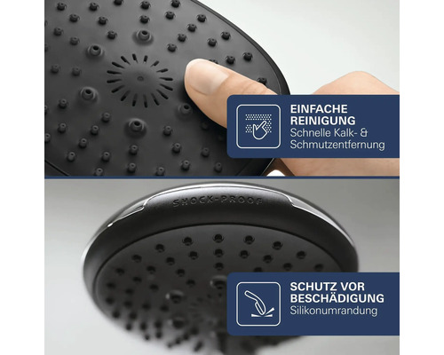 Duschkopf mit Silikonnoppen zur einfachen Reinigung und einer stossfesten Silikonumrandung zum Schutz vor Beschädigungen.
