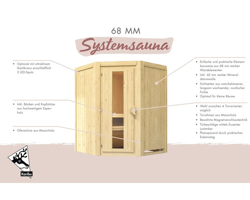 Sauna en système en épicéa nordique avec 68 millimètres d epaisseur de paroi incluant banc et porte de Karibu