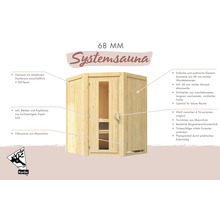 Sauna en système en épicéa nordique avec 68 millimètres d epaisseur de paroi incluant banc et porte de Karibu