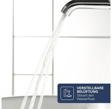 Wasserhahn mit fließendem Wasser und Symbol für eine verstellbare Belüftung zur Steuerung des Wasserflusses.