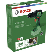 Perceuse-visseuse à percussion sans fil Bosch PSB 18V-60 en emballage avec spécifications techniques et logo Bosch.