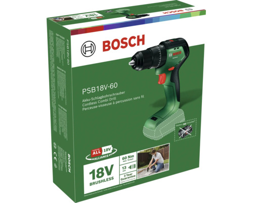 Perceuse-visseuse à percussion sans fil Bosch PSB 18V-60 en emballage avec spécifications techniques et logo Bosch.