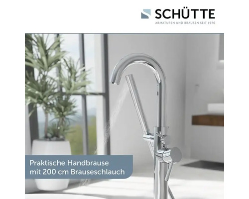 Freistehende Badewannenarmatur von Schütte mit Handbrause und 200 Zentimeter langem Brauseschlauch in einem modernen Badezimmer.