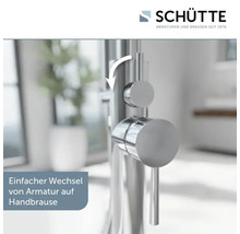 Schütte Logo und Nahaufnahme einer Waschtischarmatur mit Umstellfunktion für den Wechsel zwischen Armaturenauslauf und Handbrause.