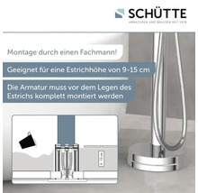 Schütte Logo und Montageanleitung für eine freistehende Wannenarmatur mit Hinweis zur Estrichhöhe von 9 bis 15 Zentimetern.