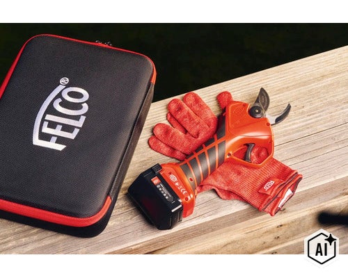 Elektrische Felco Rebschere mit Akku, Arbeitshandschuhen und Aufbewahrungstasche auf einer Holzoberfläche. (Image AI modified or generated)