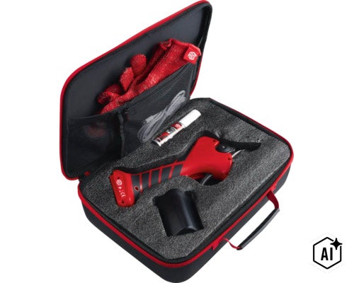 Felco Akku Gartenschere Set in Aufbewahrungstasche mit Arbeitshandschuhen und Pflegespray (Image AI modified or generated)