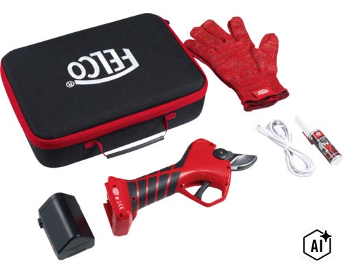 Felco Akku Gartenschere Set mit Koffer Handschuh Akku Ladekabel und Pflegespray (Image AI modified or generated)