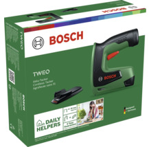 Bosch Akku Tacker Tweo in Verpackung mit Zubehör und Anwendungshinweisen