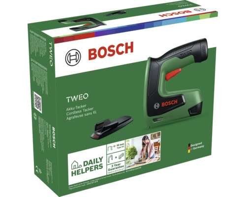 Bosch Akku Tacker Tweo in Verpackung mit Zubehör und Anwendungshinweisen