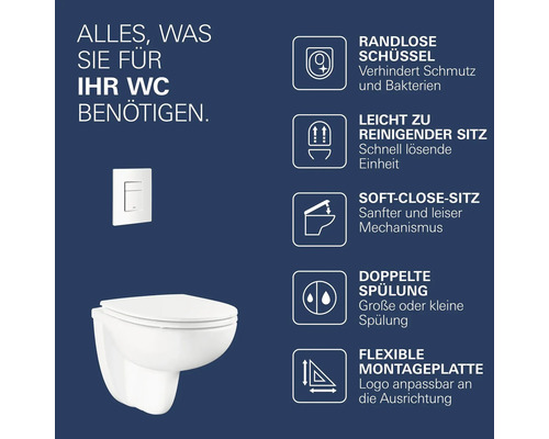Infografik zu WC Ausstattung mit randloser Schüssel, abnehmbarem Sitz mit Absenkautomatik, Zweimengenspülung und flexibler Betätigungsplatte.