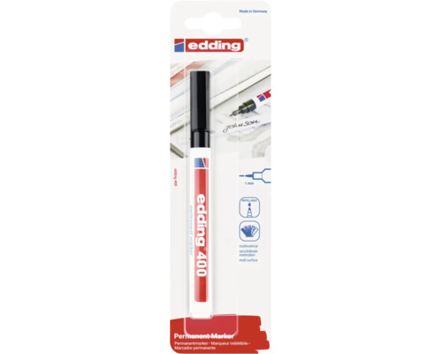 Edding 400 Permanentmarker mit 1 Millimeter Strichbreite auf Blisterkarte inklusive Nachfüllfunktion für verschiedene Materialien.