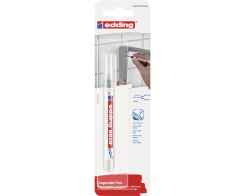 Edding 8850 Bohrlochmarker mit extra langer Spitze in Verpackung inklusive Anwendungshinweis für Markierungen an schwer zugänglichen Stellen.