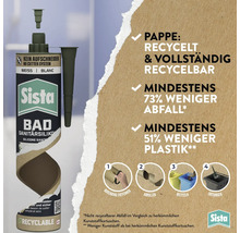 Silicone sanitaire pour salle de bains Sista dans une cartouche durable avec instructions illustrées pour le recyclage et l élimination.