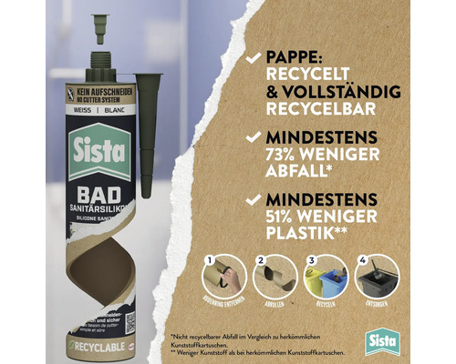 Silicone sanitaire pour salle de bains Sista dans une cartouche durable avec instructions illustrées pour le recyclage et l élimination.