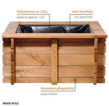 Jardinière surélevée rectangulaire en bois avec bâche de bassin, capacité environ 120 litres, facile à entretenir, fabriquée dans l'Union Européenne.