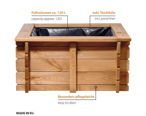 Jardinière surélevée rectangulaire en bois avec bâche de bassin, capacité environ 120 litres, facile à entretenir, fabriquée dans l'Union Européenne.