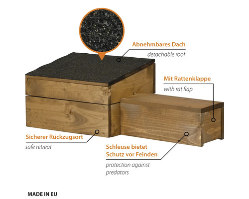 Abri pour petits animaux en bois avec toit amovible, trappe anti-rats et sas de sécurité intégré comme refuge pour petits animaux, fabriqué en UE