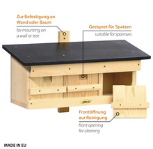 Nichoir en bois pour moineaux avec façade ouvrante pour le nettoyage et dispositif de fixation au mur ou à un arbre.