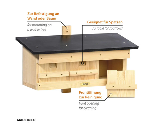Nichoir en bois pour moineaux avec façade ouvrante pour le nettoyage et dispositif de fixation au mur ou à un arbre.