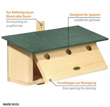 Nichoir pour moineaux en bois avec toit et façade ouvrante pour nettoyage pour montage mural ou sur arbre
