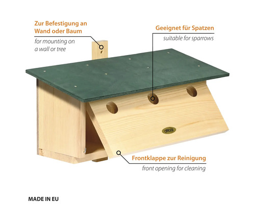 Nichoir pour moineaux en bois avec toit et façade ouvrante pour nettoyage pour montage mural ou sur arbre