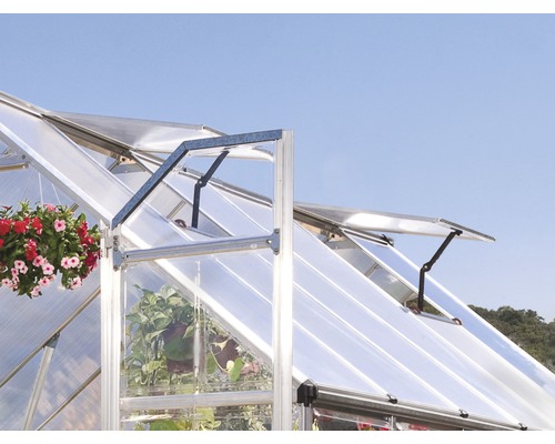 Vue détaillée d''une serre avec fenêtres ouvertes et plantes