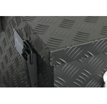 Detailansicht einer Aluminium Transportbox aus Riffelblech mit Klappverschluss.