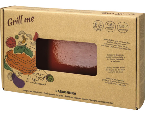 Lasagne- und Auflaufform aus Terrakotta in Verpackung für den Backofen und Grill geeignet