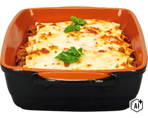 Eine rechteckige Auflaufform aus Keramik gefüllt mit frisch zubereiteten Cannelloni mit Käse überbacken und mit Petersilie garniert. (Image AI modified or generated)