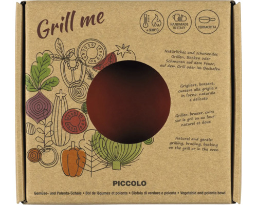 Verpackung der Grill me Piccolo Gemüseschale aus Terrakotta, geeignet für Grill und Backofen, hitzebeständig bis 930 Grad Celsius, handgefertigt.