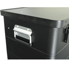 Schwarze Transportbox aus Metall mit seitlichem Tragegriff und Deckel für Lagerung und Transport.