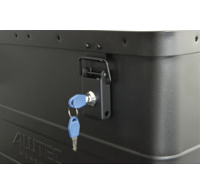 Detailansicht eines Alutec Aluminium Transportbehälters mit verschließbarem Schnappverschluss und zwei Schlüsseln.
